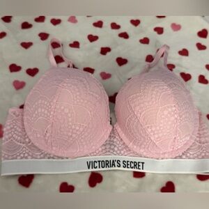 Victoria's Secret Light Pink & Lace Overlay Perfect Shape Bra Size 38C NWOT